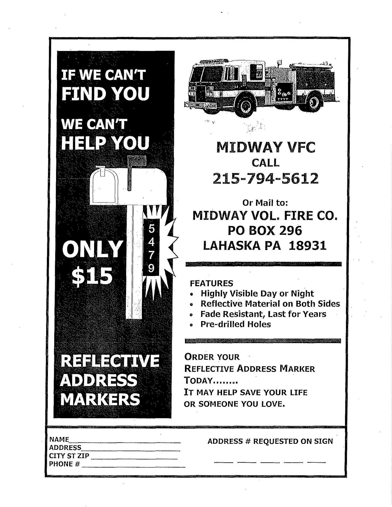 Reflective Address Markers Available at Midway VFC Buckingham Township