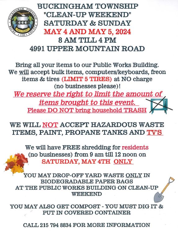 Spring CleanUp Weekend May 4 & 5, 2024 Buckingham Township